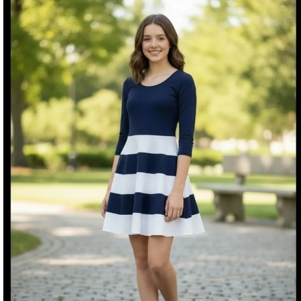 City Studios Dress Juniors Size S Navy Blue White Striped‎ Skater Cocktail Dress